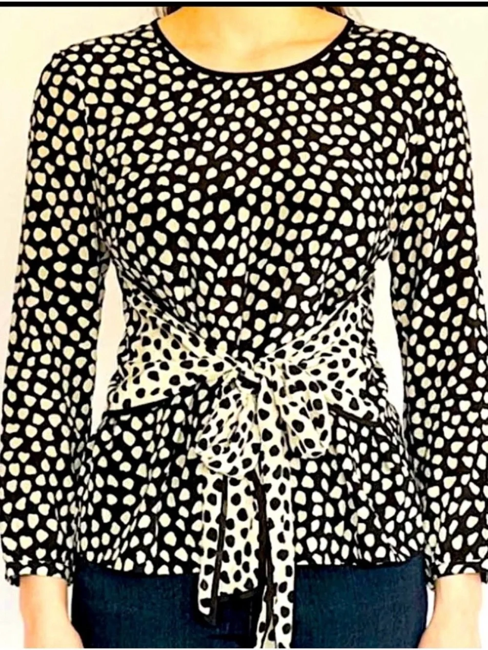 J.Crew Silk Black and White Polka Dot Tie-Waist Blouse